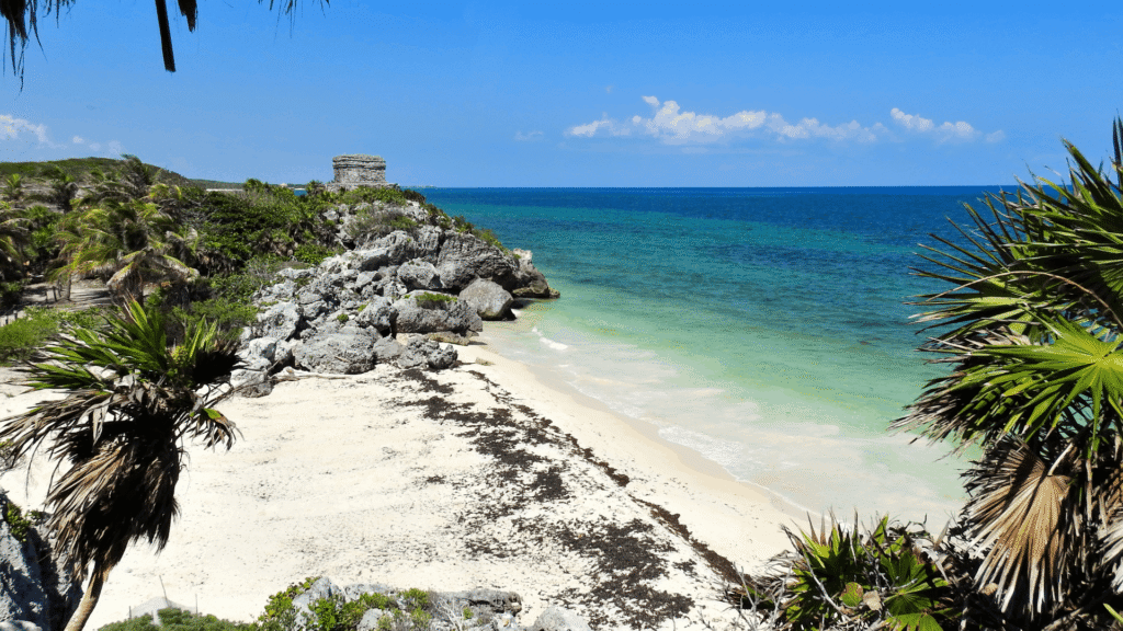 Coastal ruins overlooking a Caribbean beach in Quintana Roo